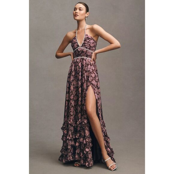 Anthropologie V. Chapman Scarlette Halter Embellished Corset Organza Maxi Dress